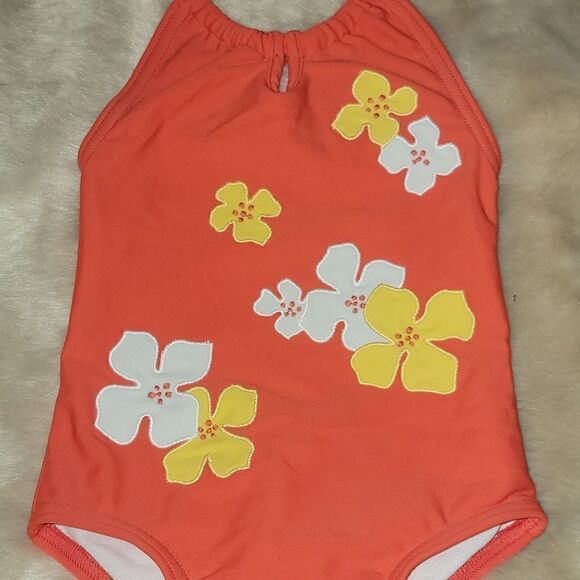 JANIE AND JACK ORANGE FLORAL SWIM SUIT, SIZE 0-6 MONTHS - Picture 2 of 5